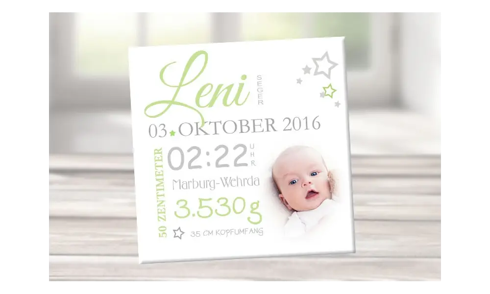 Wandbild mit Geburtsdaten & Foto, Leinwand personalisiert