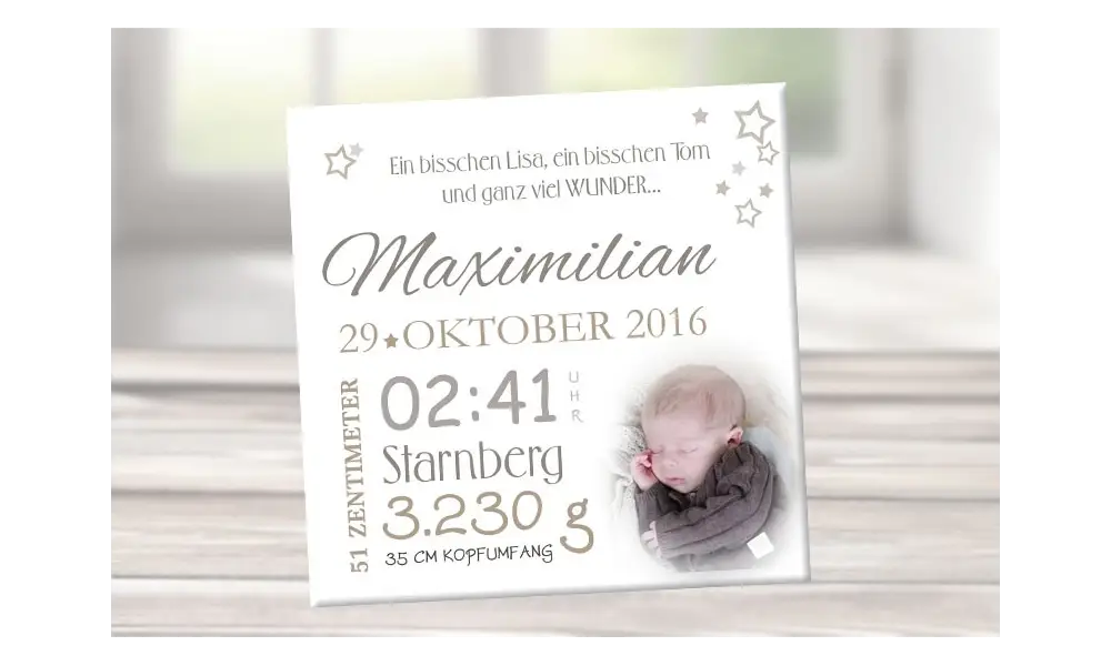 Wandbild mit Geburtsdaten & Foto, Leinwand personalisiert