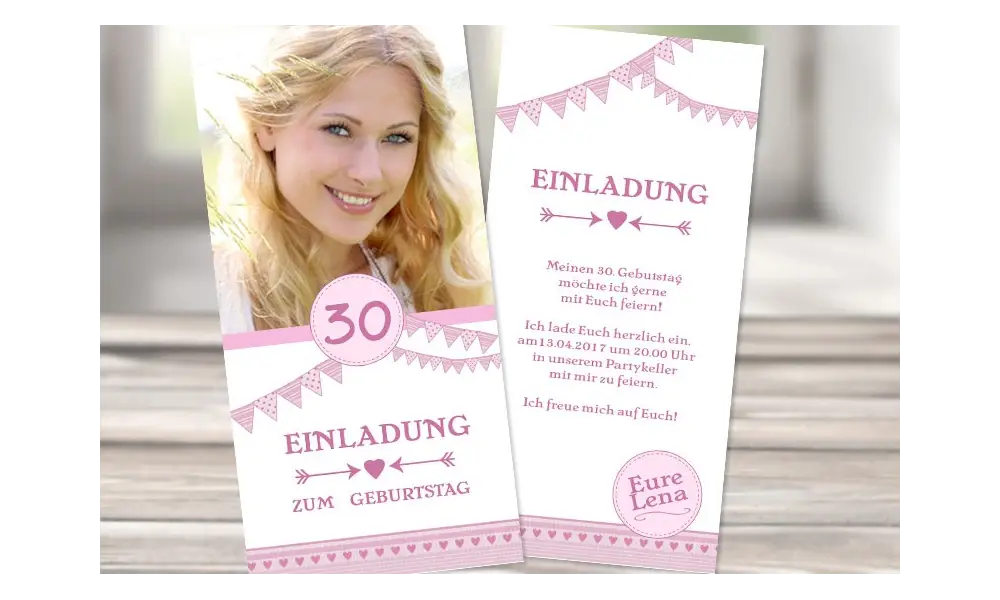 Einladungskarte 30. Geburtstag "Rosa Wimpel"
