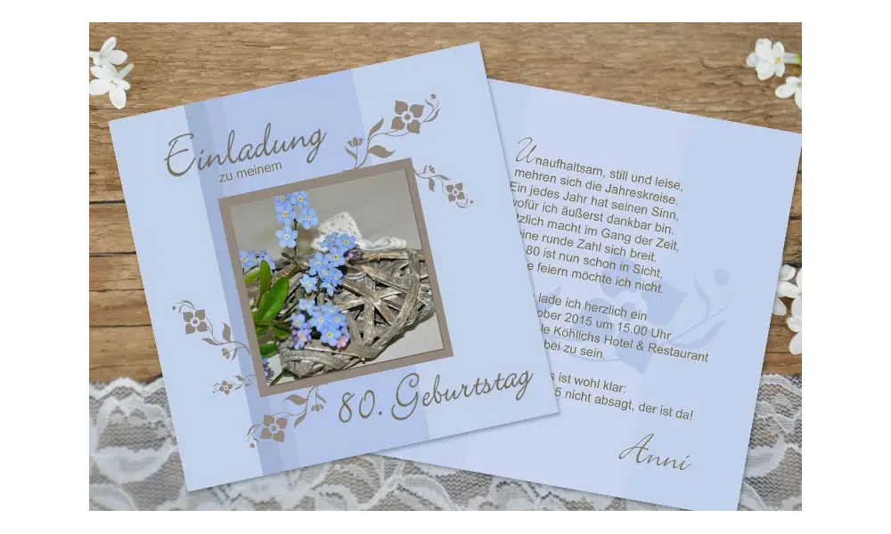 Einladungskarte 80. Geburtstag, zweiseitig, flieder