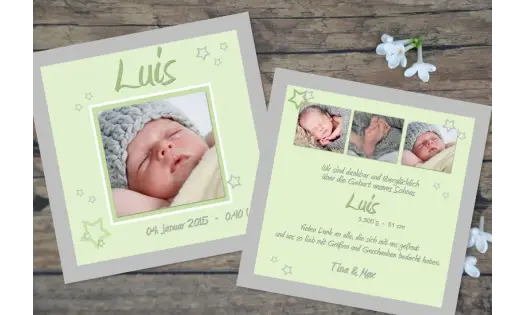 Babykarte, Danksagung Geburt "Luise", zweiseitig Quadrat, braun rosa