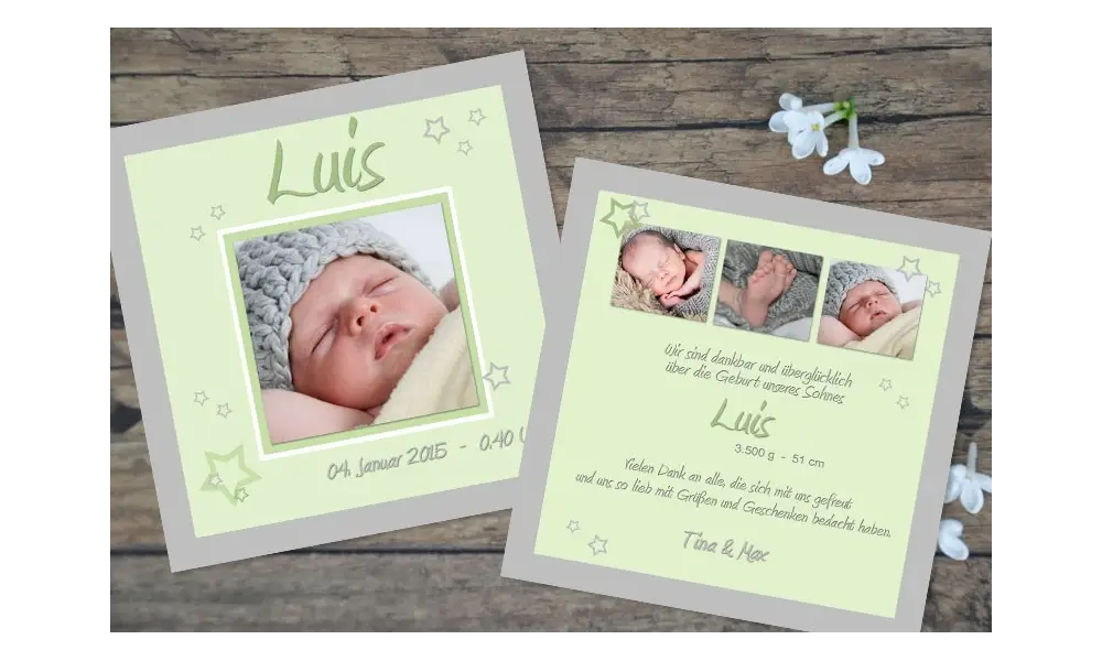 Babykarte, Danksagung Geburt "Luise", zweiseitig Quadrat, braun rosa
