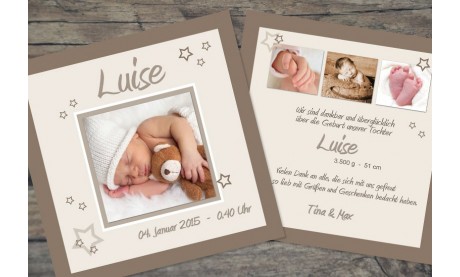 Babykarte, Danksagung Geburt "Luise", zweiseitig Quadrat, braun rosa
