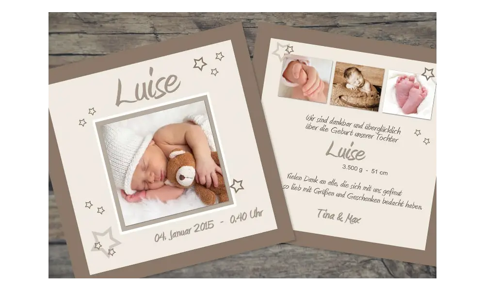Babykarte, Danksagung Geburt "Luise", zweiseitig Quadrat, braun rosa