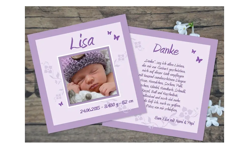 Babykarte, Danksagung Geburt "Luise", zweiseitig Quadrat, braun rosa