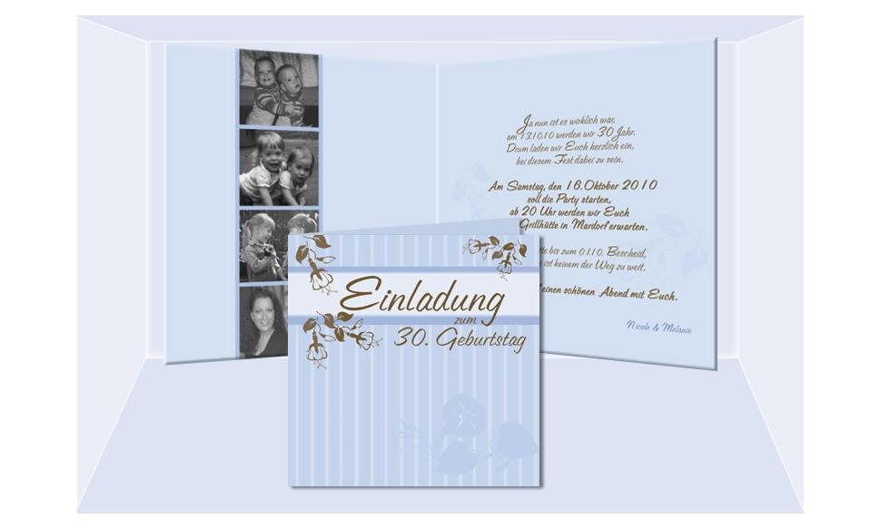 Einladung Geburtstag "Nicole+Melanie", Klappkarte 12,5x12,5 cm, braun hellblau