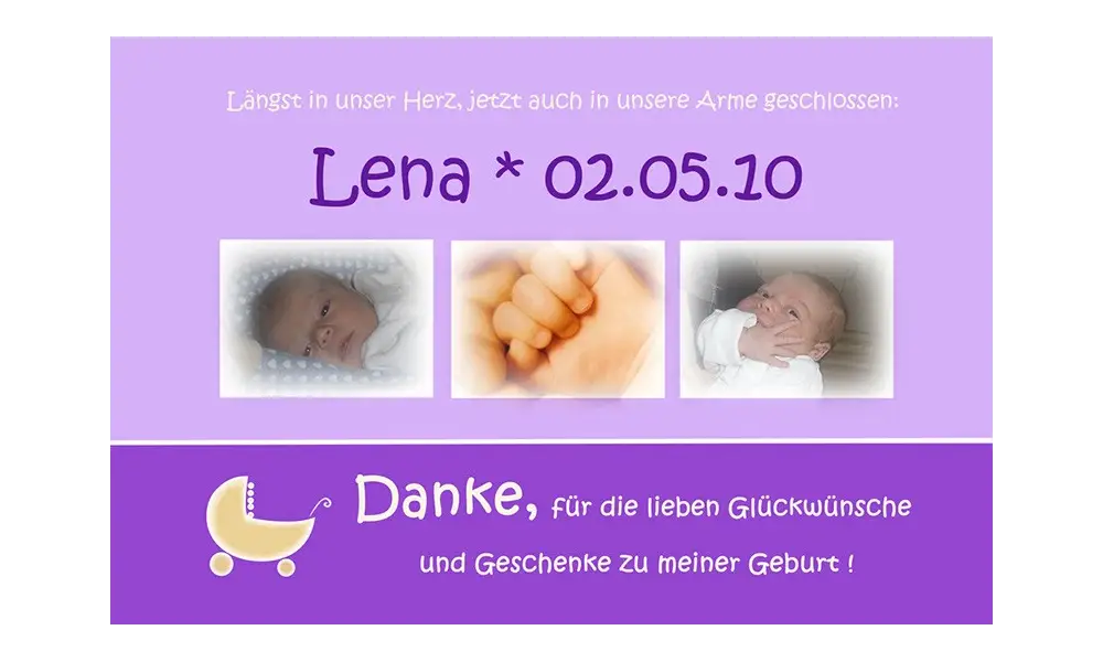 Danksagung Geburt "Lena", Geburtskarte, 10x15 cm, lila