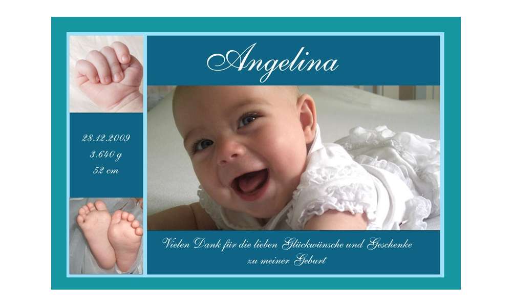 Danksagung Geburt "Angelina", Geburtskarte, 10x15 cm, türkis