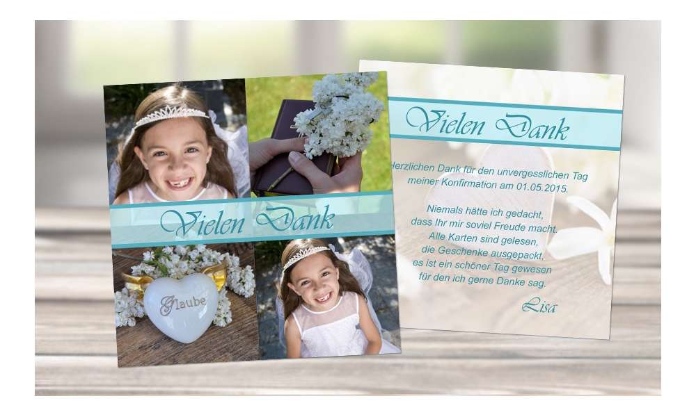 Danksagung Kommunion Konfirmation, viele Fotos, türkis