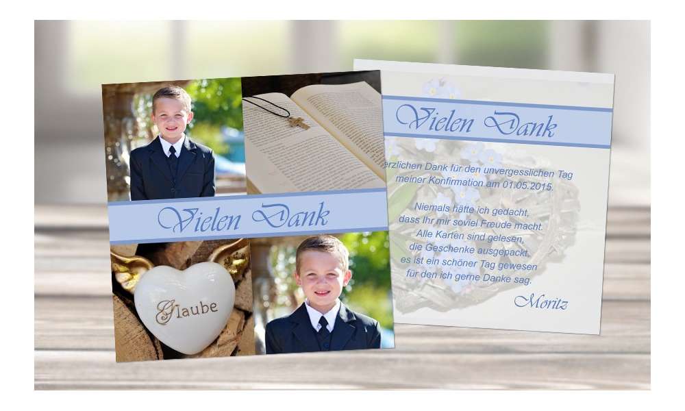Danksagung Kommunion Konfirmation, viele Fotos, blau