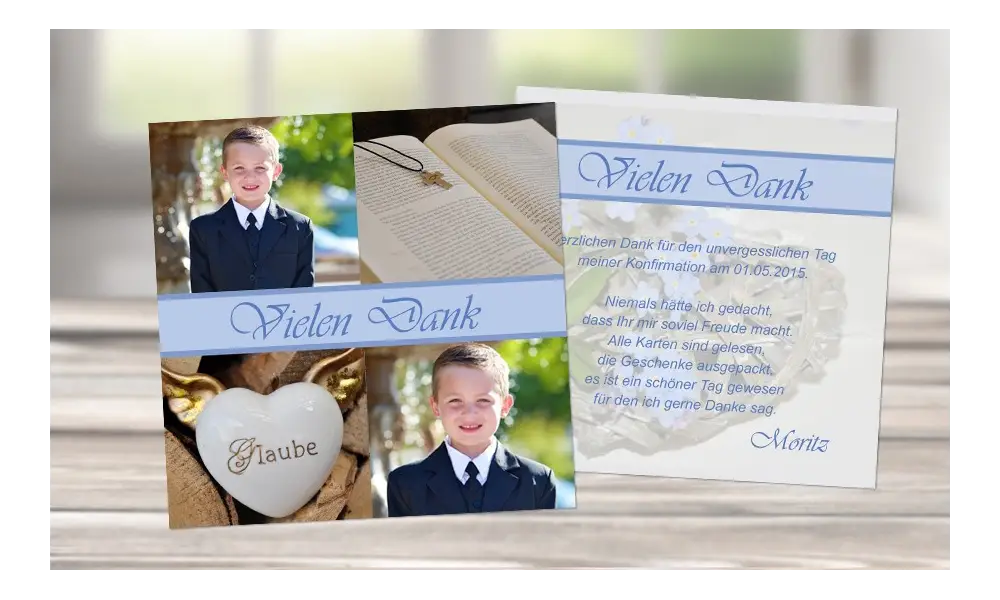 Danksagung Kommunion Konfirmation, viele Fotos, blau