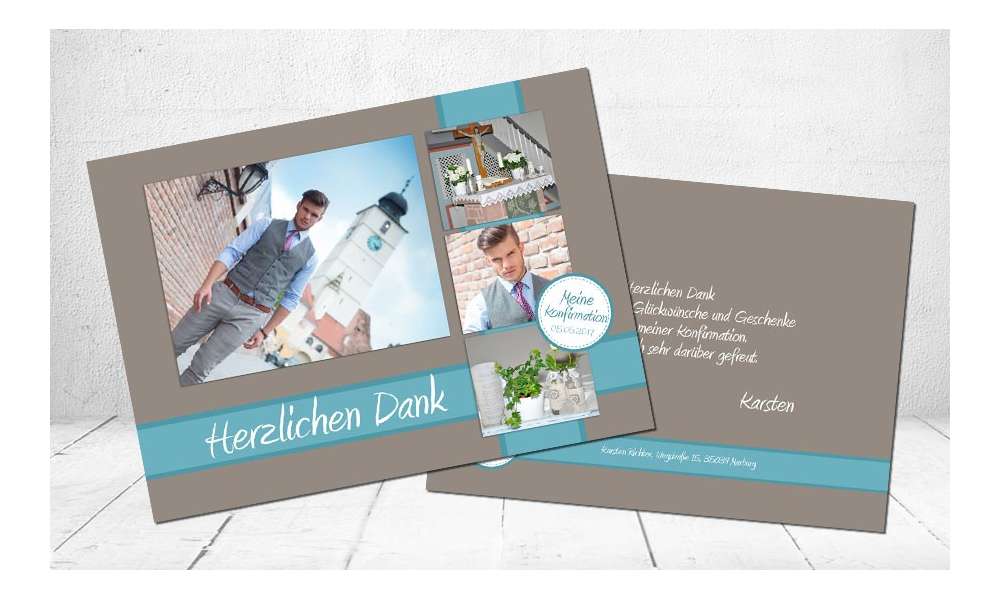 Danksagung Kommunion / Konfirmation, Postkarte 10x15 cm, braun hellblau