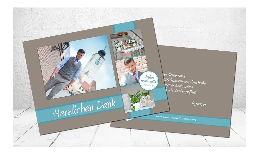 Danksagung Kommunion / Konfirmation, Postkarte 10x15 cm, braun hellblau