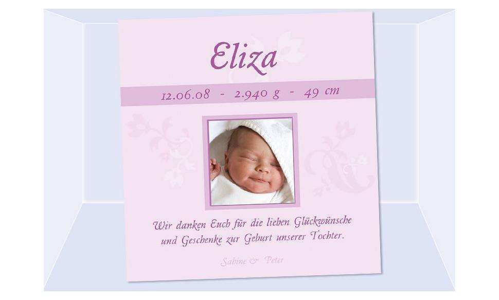 Danksagung Geburt "Eliza", Geburtskarte, 10x10 cm, rosa