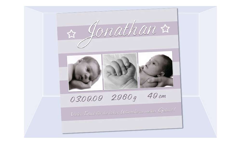 Danksagung Geburt "Jonathan", Geburtskarte, 10x10 cm, lila Danksagung Geburt "Jonathan", Geburtskarte, 10x10 cm, lila