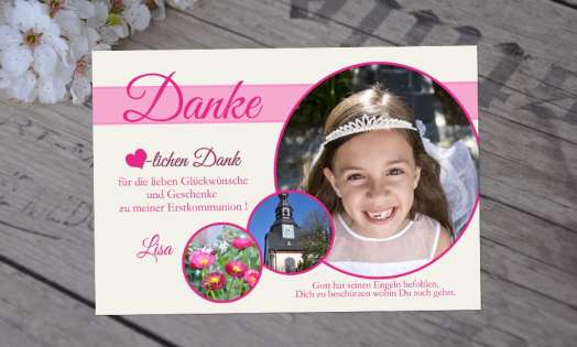 Danksagung Kommunion / Konfirmation, Fotokarte 10x15 cm, braun rosa