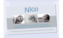 Danksagung Geburt "Nico", Geburtskarte, 10x18 cm, taube