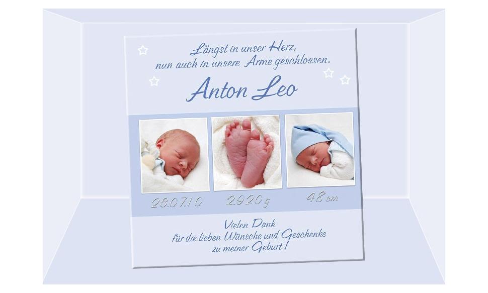 Danksagung Geburt "Anton Leo", Geburtskarte, 10x10 cm, hellblau