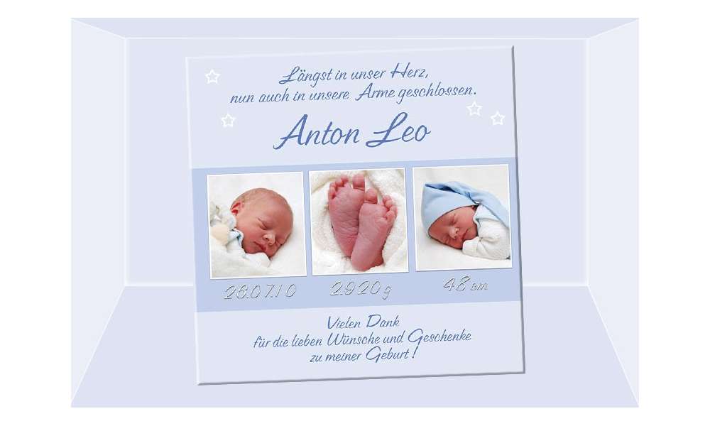 Danksagung Geburt "Anton Leo", Geburtskarte, 10x10 cm, hellblau Danksagung Geburt "Anton Leo", Geburtskarte, 10x10 cm, hellblau