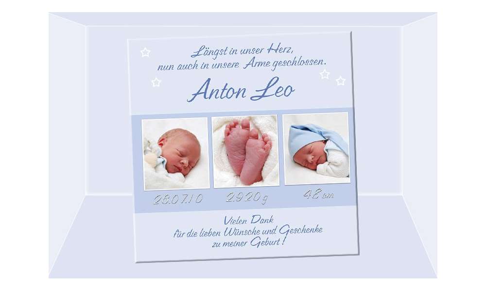 Danksagung Geburt "Anton Leo", Geburtskarte, 10x10 cm, hellblau