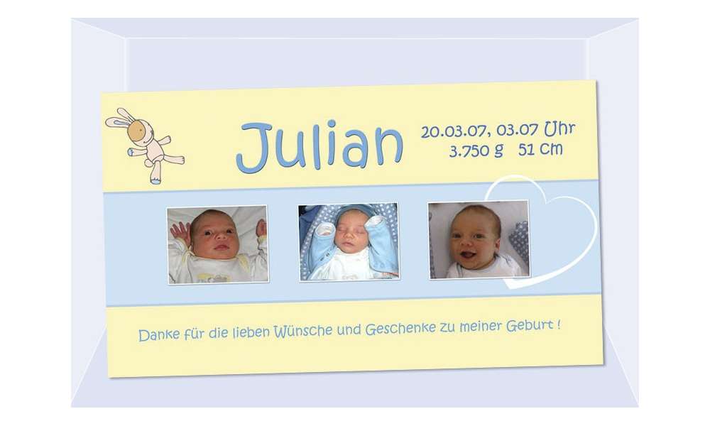 Danksagung Geburt "Julian", Geburtskarte, 10x18 cm, gelb hellblau