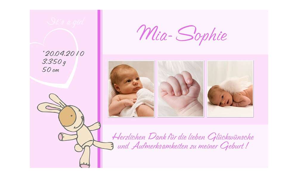 Danksagung Geburt "Mia Sophie", Geburtskarte, 10x15 cm, rosa