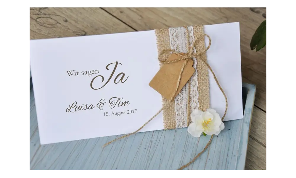 Einladungskaten Hochzeit Vintage Jute Spitze Sackleinen