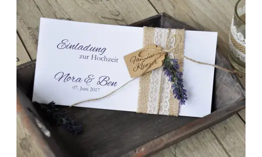 Einladungskaten Hochzeit Vintage Jute Spitze Sackleinen