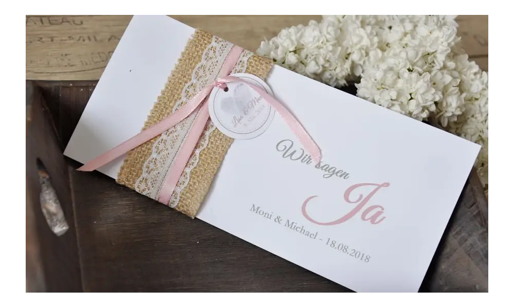 Einladungskaten Hochzeit Vintage Jute Spitze Sackleinen