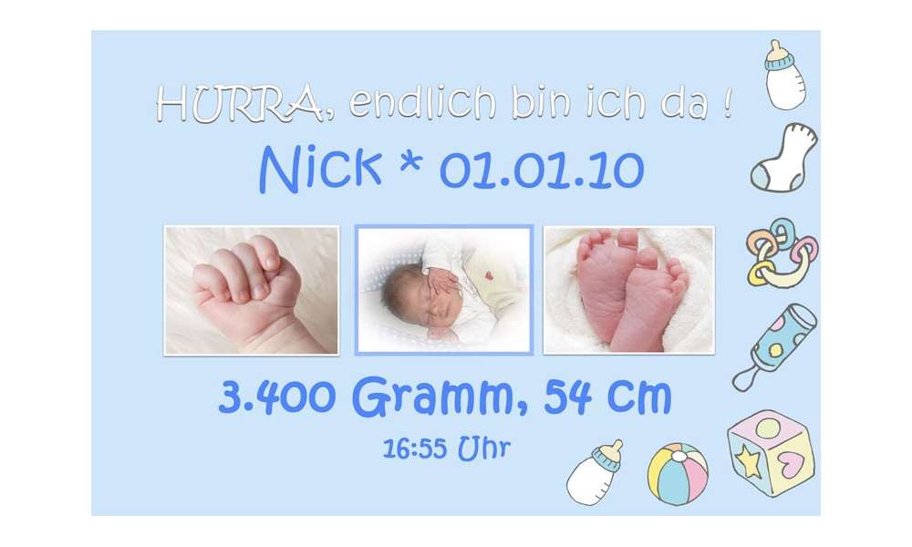 Geburtsanzeige "Nick", Karte Geburt, 10x15 cm, hellblau Geburtsanzeige "Nick", Karte Geburt, 10x15 cm, hellblau