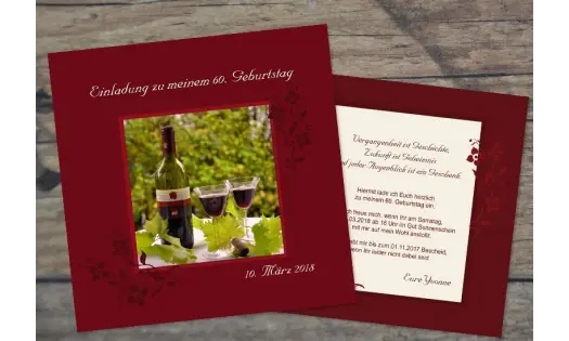 Einladungskarte 50. Geburtstag, zweiseitig, quadratisch, weinrot, Wein