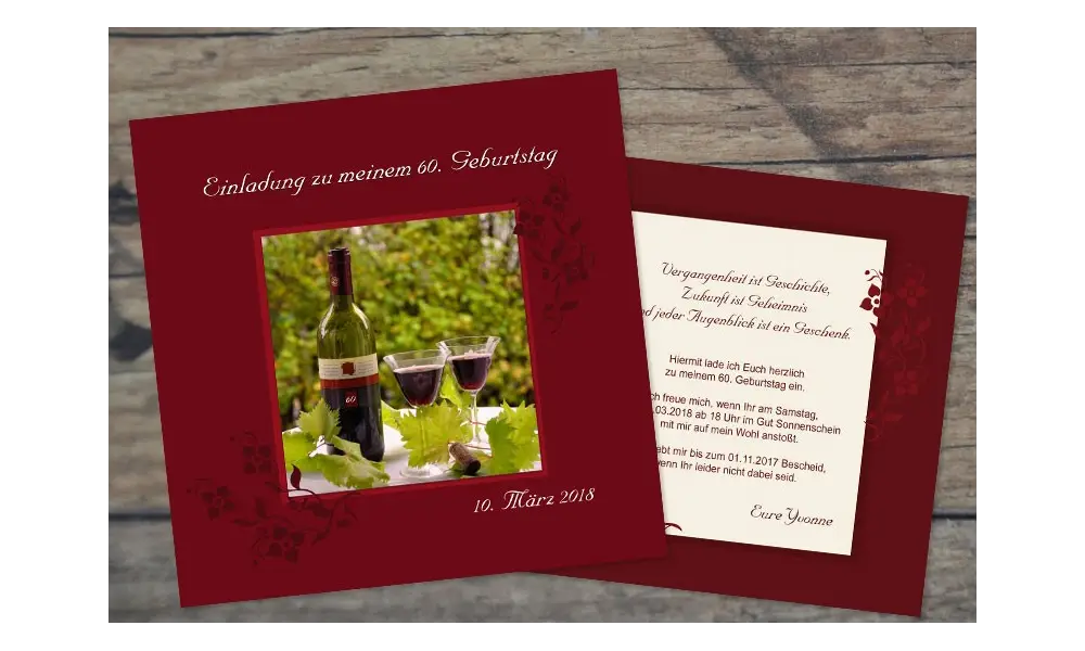 Einladungskarte 50. Geburtstag, zweiseitig, quadratisch, weinrot, Wein