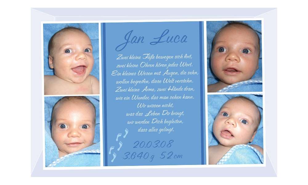 Geburtsanzeige "Jan Luca", Karte Geburt, 10x15 cm, blau Geburtsanzeige "Jan Luca", Karte Geburt, 10x15 cm, blau