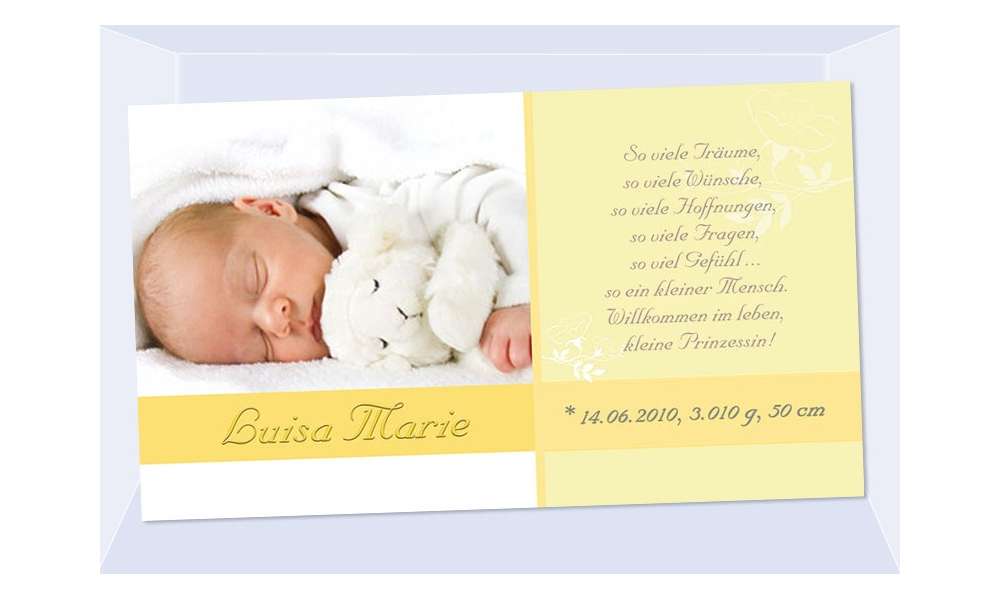 Geburtsanzeige "Luisa Marie", Karte Geburt, 10x18 cm, gelb Geburtsanzeige "Luisa Marie", Karte Geburt, 10x18 cm, gelb