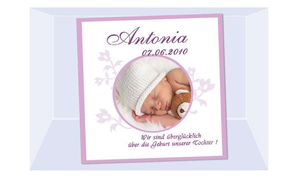 Geburtsanzeige "Antonia", Karte Geburt, 12,5x12,5 cm, weiß rosa Geburtsanzeige "Antonia", Karte Geburt, 12,5x12,5 cm, weiß rosa