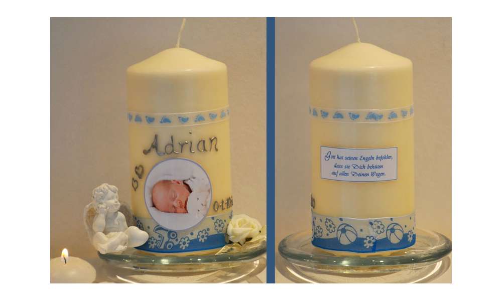Taufkerze Baby mit Foto + Taufspruch, Wachskreation, rosa