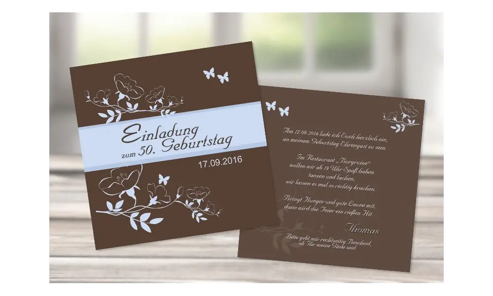 Einladungskarte 60. Geburtstag, zweiseitig, quadratisch, braun hellblau