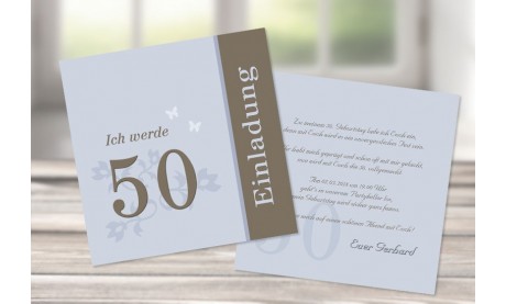 Einladungskarte 50. Geburtstag, Flachkarte 12,5x12,5 cm, hellblau