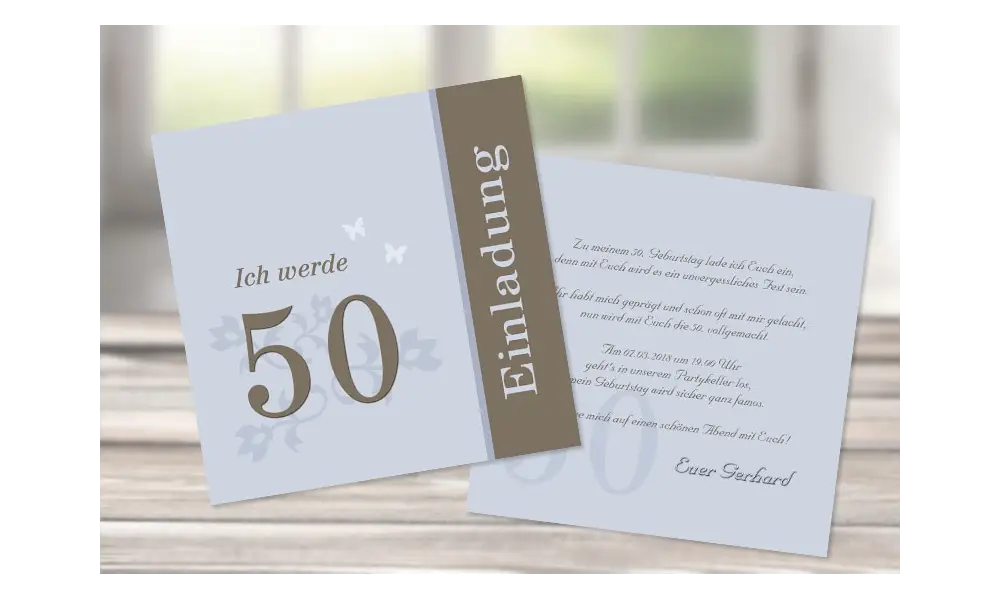 Einladungskarte 50. Geburtstag, Flachkarte 12,5x12,5 cm, hellblau