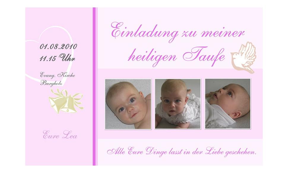 Einladung Taufe "Lea", Taufeinladung, Fotokarte 10x15 cm, rosa