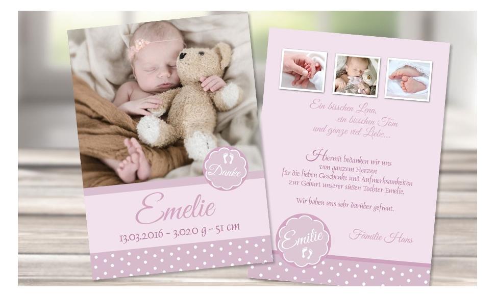 Dankeskarte Geburt "rosa Pünktchen"