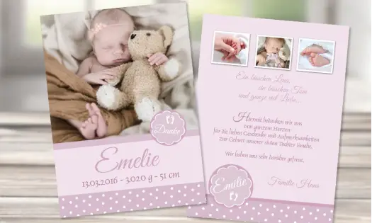 Dankeskarte Geburt "rosa Pünktchen"