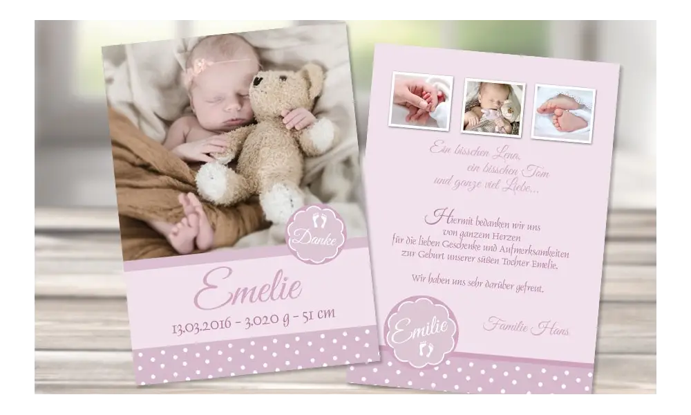 Dankeskarte Geburt "rosa Pünktchen"