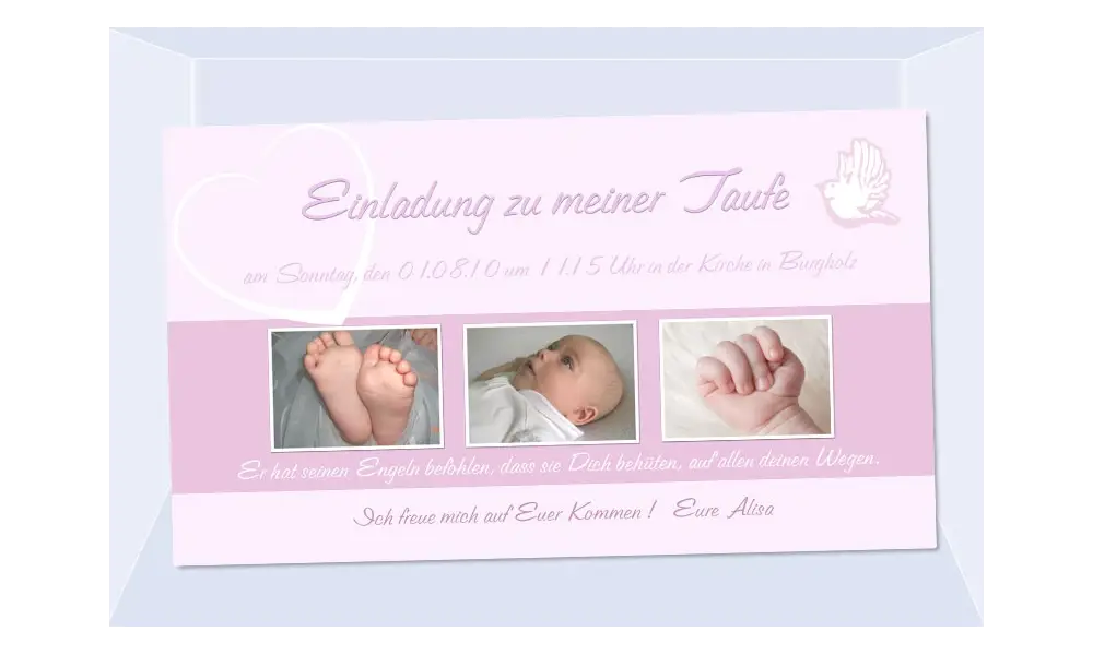 Einladung Taufe "Alisa", Taufeinladung, Fotokarte 10x18 cm, rosa