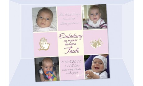 Einladung Taufe "Nora", Taufeinladung, Fotokarte 10x10 cm, rosa