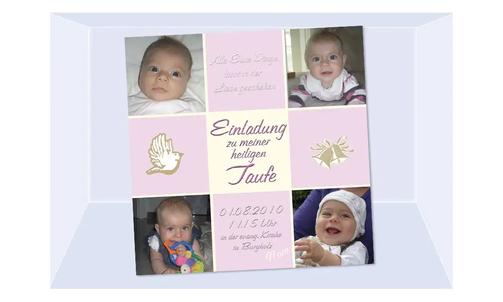Einladung Taufe "Nora", Taufeinladung, Fotokarte 10x10 cm, rosa