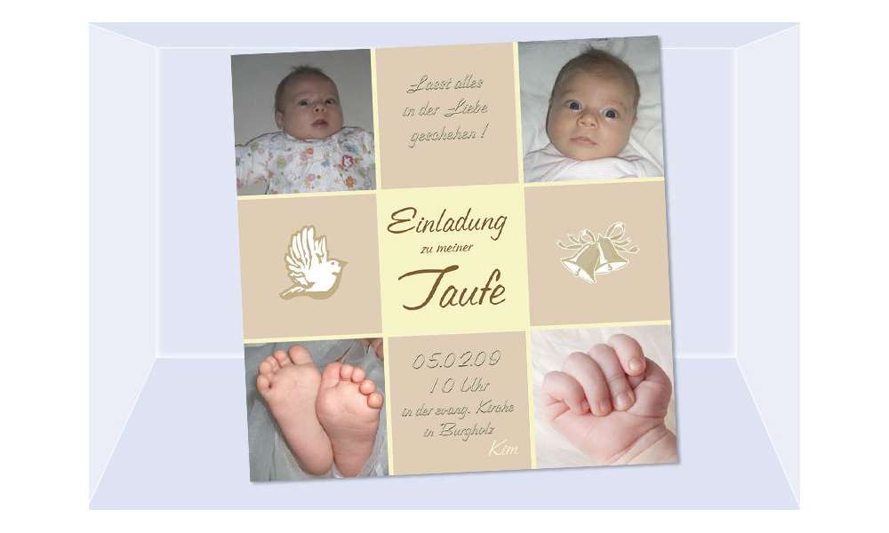 Einladung Taufe "Kim", Taufeinladung, Fotokarte 10x10 cm, beige Einladung Taufe "Kim", Taufeinladung, Fotokarte 10x10 cm, beige