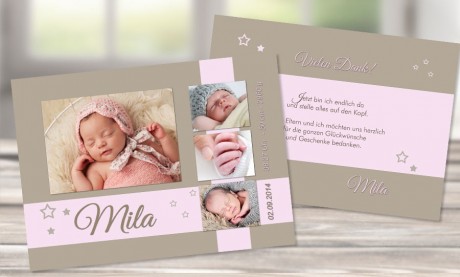 Danksagungskarte, Geburt "Lilly" A6, braun rosa