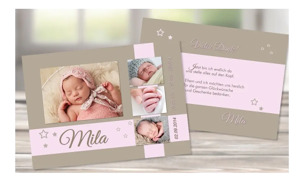 Danksagungskarte, Geburt "Lilly" A6, braun rosa