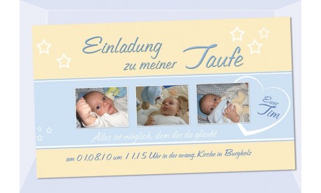 Einladung Taufe "Tim", Taufeinladung, Fotokarte 10x18 cm, beige hellblau